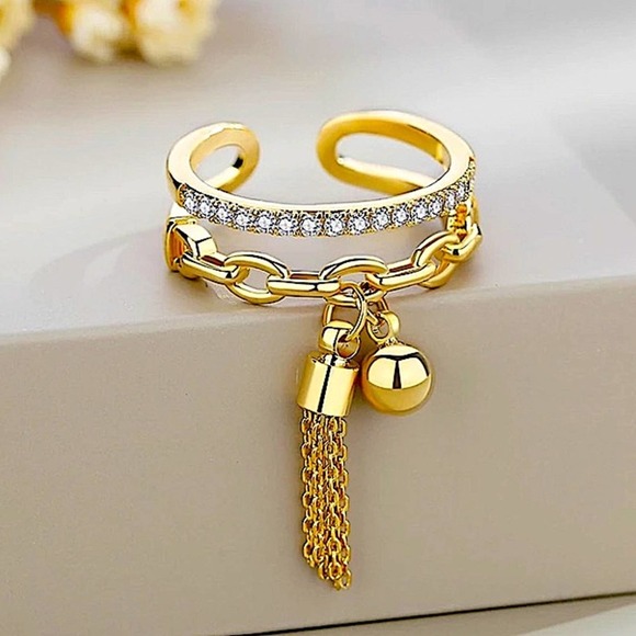 Tassel Ball Drop Gold Plated Double Stack Ring - Picture 2 of 4